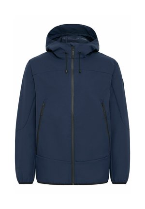 Navy blue jacket featuring a hood, front zip closure, and two side pockets with zippered detailing. Smooth texture, casual design.