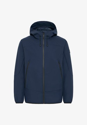 Marineblå jakke med hette, frontlukking med glidelås og to sidelommer med glidelåsdetaljer. Jevn tekstur, avslappet design.