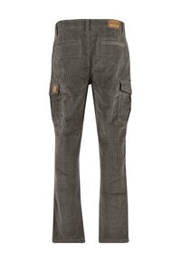 Grau gestreifte Cargohosen mit geradem Bein, die zwei Seitentaschen und eine Gesäßtasche aufweisen, abgerundet mit einem Leder-Logopatch an der Taille.