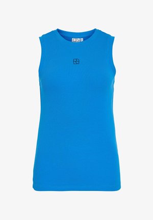 Débardeur bleu sans manches en tissu côtelé avec col rond et petit logo noir centré juste en dessous du col.