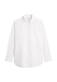 Witte button-up shirt gemaakt van katoen. Heeft een klassieke kraag, lange mouwen en een zak aan de linkerkant. Glad oppervlak, geen patronen.