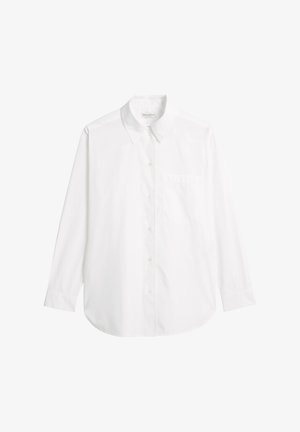 Biała koszula z guzikami, wykonana z bawełny. Posiada klasyczny kołnierzyk, długie rękawy oraz kieszeń po lewej stronie. Gładka faktura, bez wzorów.