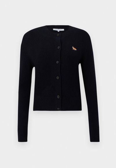 Black long-sleeve button-up cardigan with ribbed cuffs and hem, featuring a small orange fox logo on the left chest.