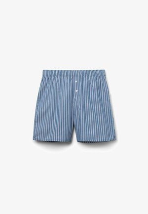 Blue boxer shorts with vertical white stripes, elastic waistband, and two white buttons on the front fly.