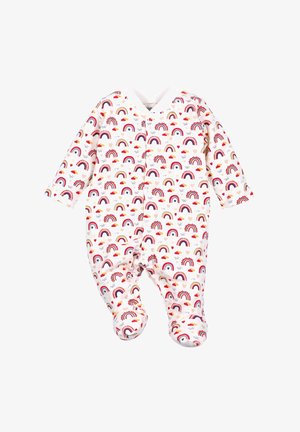 Long-sleeve onesie made of soft cotton, featuring a white background with colorful rainbows, clouds, and heart patterns; snap closures at the bottom.