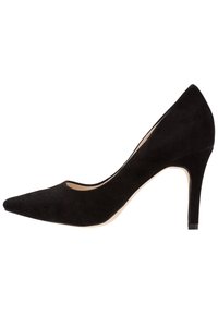 Escarpin en daim noir à talon haut avec un bout pointu et un design de décolleté bas. Il présente un talon stiletto fin et une finition intérieure lisse.