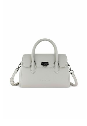 Graue Lederhandtasche mit strukturiertem Design, doppelten oberen Griffen, einem abnehmbaren Schultergurt und einem metallischen Verschlussdetail.