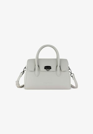 Graue Lederhandtasche mit strukturiertem Design, doppelten oberen Griffen, einem abnehmbaren Schultergurt und einem metallischen Verschlussdetail.