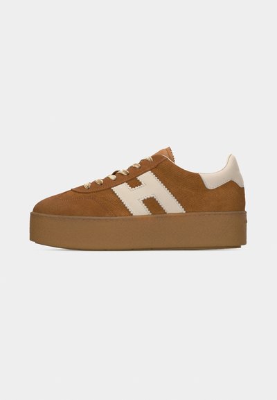 Baskets à plateforme en daim marron avec logo "H" blanc sur le côté, lacets beiges et languette de talon beige, vues de côté extérieur.