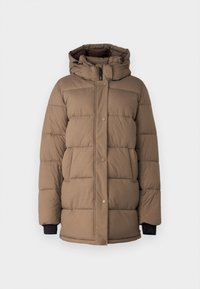 Veste d'hiver matelassée marron avec capuche, fermeture éclair à l'avant et boutons-pression, manches longues avec poignets noirs intérieurs, et poches avant.