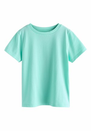 Lyse turkis kortærmet bomulds-T-shirt med rund hals vist fladt på en hvid baggrund.