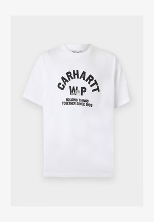 T-shirt blanc à manches courtes et col rond avec texte noir "CARHARTT WIP", un graphisme d'une main tenant un tissu, et le slogan "HOLDING THINGS TOGETHER SINCE 1989".