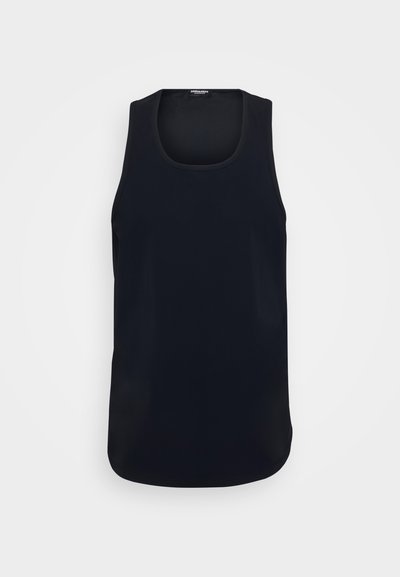 Črna brezrokavna majica s krožnim izrezom. Narejena iz mehke tkanine, ki se ponaša z gladko teksturo in rednim krojem.