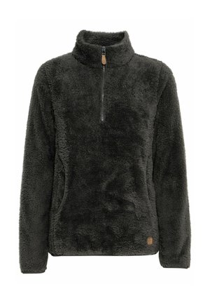 Pullover in pile grigio scuro con zip a metà, texture spazzolata, colletto alto e tasche laterali. Presenta un piccolo logo sull'orlo.