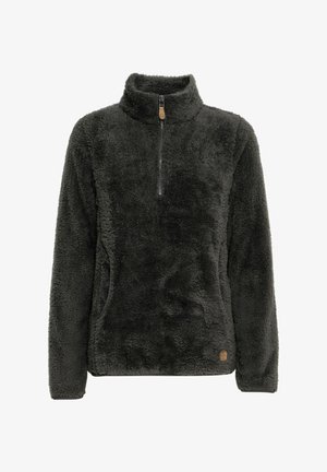 Pullover in pile grigio scuro con zip a metà, texture spazzolata, colletto alto e tasche laterali. Presenta un piccolo logo sull'orlo.