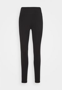 Zwarte leggings gemaakt van een gladde, rekbare stof. Hoge tailleband, nauwsluitend ontwerp, zonder zichtbare naden of extra details.