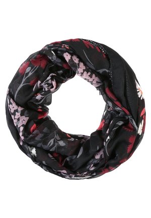 Sort rundt tørklæde med røde, pink, grå og hvide blomstermønstre, let og blødt foldet i en løkke.