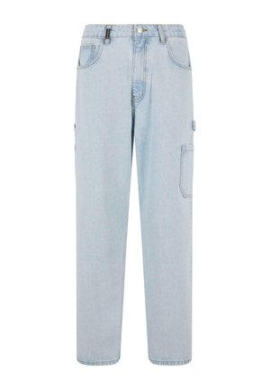 Svetlomodré denimové cargo nohavice so voľným strihom, ktoré obsahujú množstvo vreciek, vysoký pás a jemné detaily šitia.