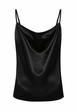 Czarna satynowa koszulka na ramiączkach z cienkimi, regulowanymi paseczkami, charakteryzująca się płynącym, drapowanym fasonem oraz gładką fakturą. Prosta i elegancka sylwetka.