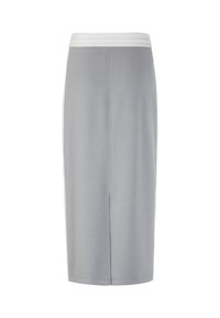 Grauer gestrickter Bleistiftrock mit elastischem weißem Bund und Seitenschlitz, zeichnet sich durch glatte Textur und eng anliegendes Design aus.