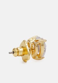 Gold stud earring with a clear gemstone centerpiece, featuring a textured setting and a straight post for secure fastening.