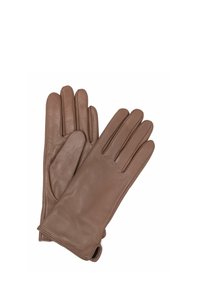 Brązowe skórzane rękawiczki o gładkiej teksturze, z pięcioma palcami i przeszyciami wzdłuż krawędzi, zaprojektowane dla ciepła i komfortu.