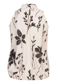 Mouwloze blouse van lichtbeige stof, voorzien van zwarte bloemenprints. Ronde halslijn met een sleutelgat achter en een elastische onderzoom.