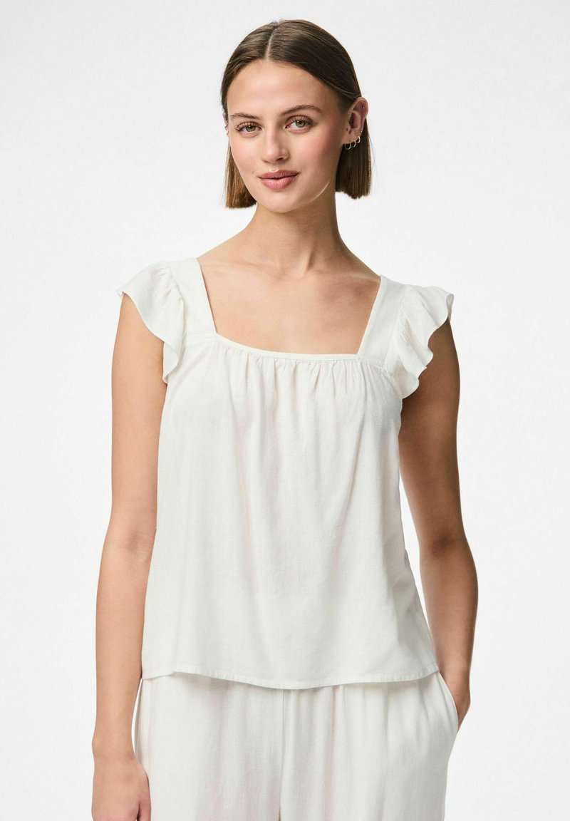 Blusa bianca con maniche a farfalla, scollatura quadrata e dettagli di tessuto arricciato. Materiale morbido e leggero, progettato per il comfort.