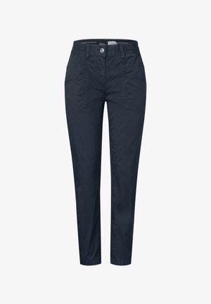 Tummansininen, kevyt housut, joissa on joustava vyötärö, etutaskut ja ommellut yksityiskohdat sivuilla, mikä luo siistin ilmeen.