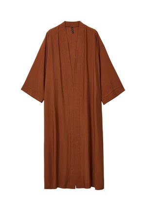 Langer, brauner Kimono-Stil Morgenmantel mit offenem Vorderteil, weiten Ärmeln und geradem Saum, aus leichtem Stoff gefertigt.