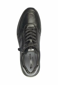 Black leather sneaker with a rounded toe, lace-up design, and zipper detail on the side. Textured accents and a cushioned insole.