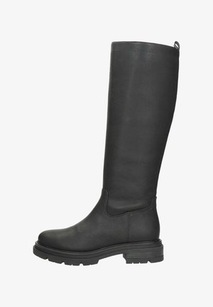 Black knee-high boots made of textured synthetic material, featuring a round toe, chunky sole, and a pull-tab on the back for easy wearing.