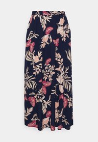 Jupe maxi marine à motifs floraux avec des papillons roses et des feuilles ; taille élastique ; tissu léger et fluide.