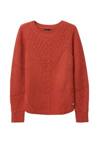 Maglione rosso lavorato a maglia con scollo rotondo, motivo testurizzato e dettagli con bottoni sulle maniche. Presenta una vestibilità ampia e orlo a coste.