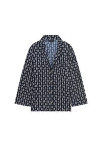 Camicia blu navy con motivi a pesci bianchi, maniche lunghe, colletto a punta, chiusura con bottoni e bottoni in legno. Tessuto in cotone, vestibilità rilassata.