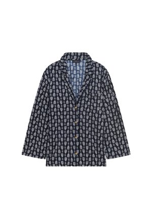 Chemise marine avec des motifs de poissons blancs, manches longues, col à cran, boutonnière à l'avant et boutons en bois. Matière en coton, coupe décontractée.