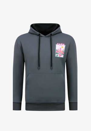 Donkergrijze hoodie met een zwarte binnenkant, voorzien van een zak aan de voorkant en een kleurrijke "CASA BLANCA" afbeelding met palmbomen. Inclusief trekkoorden.