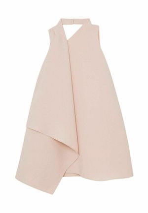 Vestido asimétrico sin mangas de color rosa pálido con panel delantero drapeado y cuello alto, extendido sobre un fondo blanco.