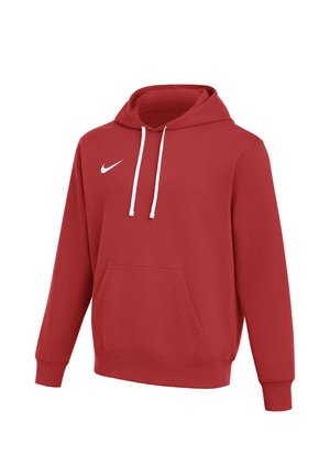 Sweat à capuche Nike rouge avec cordons blancs et poche avant, présenté sur un fond blanc.