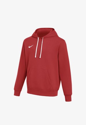 Sudadera con capucha roja de Nike con cordones blancos y bolsillo delantero, presentada sobre un fondo blanco.