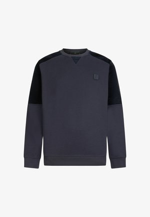 Merinovärinen collegepaita pitkillä hihoilla, V-kaula-aukolla ja hienovaraisella tekstuurilla; sisältää logopatchin rinnassa sekä ribbauset ja helman.