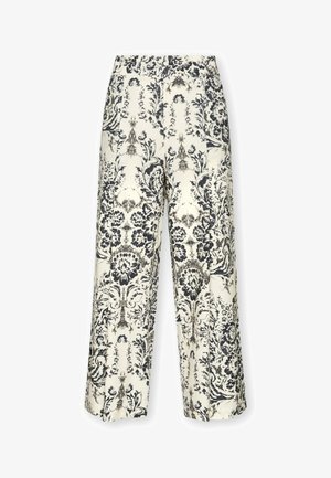 Spodnie z wysokim stanem i szerokimi nogawkami z czarno-białym, misternym wzorem kwiatowym i paisley na kremowym tle.