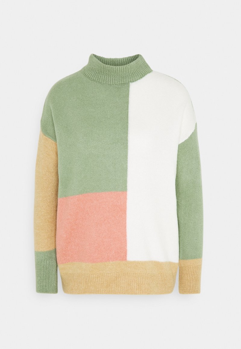 Pull en tricot avec blocs de couleurs en vert, blanc, rose et beige, doté d'un col côtelé haut et de manches longues.