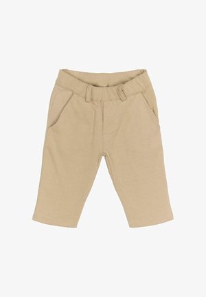 Pantaloni din bumbac bej cu un elastic în talie, două buzunare frontale și detalii cusute pe cusături. Design cu picior drept.