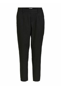 Pantalons noirs à rayures avec une coupe ajustée. Caractéristiques d'une taille mi-haute, de plis à l'avant et d'un design à jambe slim. Style classique et polyvalent.