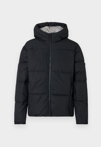 Jachetă puffer neagră cu fermoar frontal, glugă și textură matlasată. Are o căptușeală interioară gri și manșete elastice.
