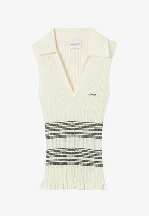 Top smanicato color crema in maglia con scollo a collo, trama a coste e righe orizzontali nere. Presenta un orlo arricciato e dettaglio con logo.