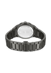 Orologio da uomo con bracciale e cassa in acciaio inossidabile, finitura nera opaca, forma ottagonale, cristallo zaffiro e dettaglio inciso sul retro.