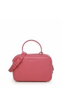 Borsa a mano in pelle rosa con una forma rettangolare strutturata, manico superiore e tracolla regolabile; presenta una chiusura con zip e dettagli del logo.