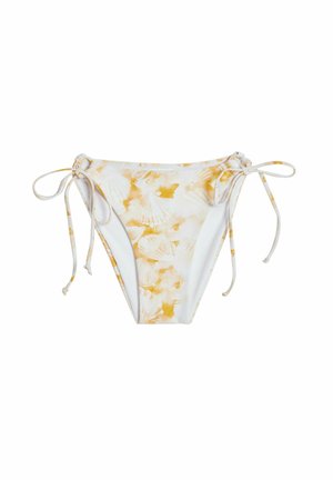 Witte bikini onderkant met een gele schelpprint, voorzien van verstelbare strikkingen aan beide zijkanten. Gemaakt van een glad en lichtgewicht materiaal.